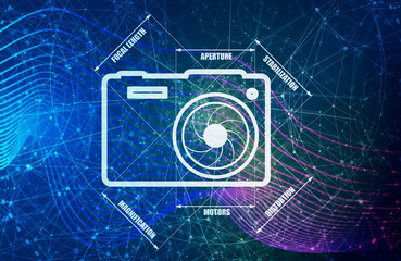 Photo camera icon. Measure lines with main parameters name list.