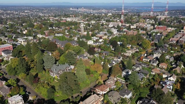 Aerial / Drone Footage Of Briarcliff, Interbay And Magnolia, Lawton Park, University District, Upscale, Affluent Neighborhoods Uptown By Puget Sound, In Seattle, Washington