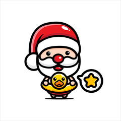 the cute santa claus character uses a rubber duck float