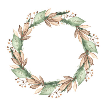 Winter christmas plants, branches, spruce, berries, leaves in green and brown watercolor round wreath