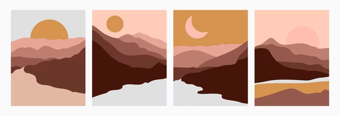 Stellen Sie abstrakte Landschaft von Bergen und Flüssen mit der Sonne in einem minimalen trendigen Stil ein. Vektorhintergrund in Terrakotta-Farben für Cover, Poster, Postkarten, Social-Media-Geschichten. Boho-Kunstdrucke. © Sini4ka