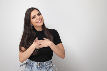 beautiful girl on white and gray background