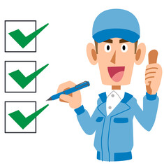 チェックが完了した青色の作業着の男性　上半身
