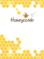 Honeycomb with flying bee cartoon and hand writing font on white background vector illustration.