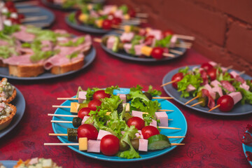 Beautifully decorated catering banquet table with different homemade food snacks and appetizers on corporate birthday party event or wedding celebration, different vegan vegetarian snacks