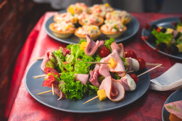 Beautifully decorated catering banquet table with different homemade food snacks and appetizers on corporate birthday party event or wedding celebration, different vegan vegetarian snacks
