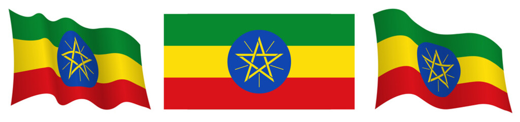 flag of ethiopia in static position and in motion, fluttering in wind in exact colors and sizes, on white background - obrazy, fototapety, plakaty
