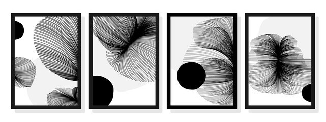 Set of 4 abstract creative line pattern background. Collection design of cover white and black. Scribble drawing. Distortion shape. Graphic elements for decor, posters, magazines. Vector illustration.