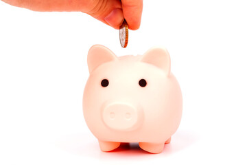 hand puts a coin in the piggy bank