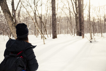 backpacker at pine tree foreset in winter