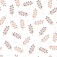 Seamless pattern with hand drawn beige leaves on white background. Floral organic background. Decorative element for fabric and wrapping paper. Vector illustration in flat style.