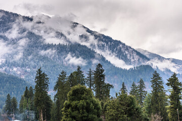 Winter lanscape of Parvati valley with mild snowfall at Himachal Pradesh, Inia