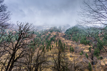 Winter lanscape of Parvati valley with mild snowfall at Himachal Pradesh, Inia