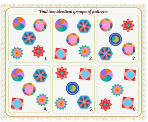 Fototapeta na wymiar A game for children. Development of attention. Find two identical groups of patterns