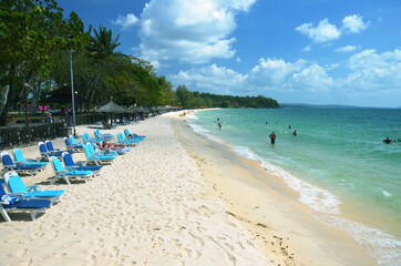 beach chairs and umbrellas on beautiful Sokkha beach Sihanouk Cambodia