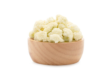 Fresh organic cauliflower in wooden bowl isolated on white background. with clipping path.