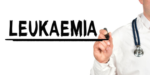 Doctor writes the word - LEUKAEMIA. Image of a hand holding a marker isolated on a white background.