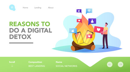 Character Rejection Devices, Internet and Social Networks Digital Detox Landing Page Template. Man Throw Gadgets in Fire