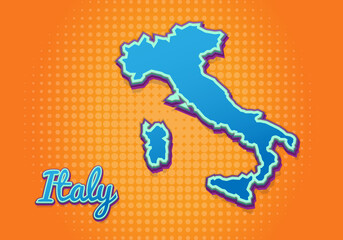 Retro map of italy with halftone background. Cartoon map icon in comic book and pop art style. Cartography business concept. Great for kids design,educational game,magnet or poster design.