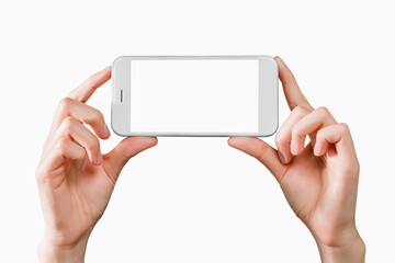 Hand holding smartphone mockup of blank screen on isolated. Take your screen to put on advertising.