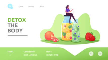 Woman Drinking Cold Drinks for Detox Landing Page Template. Tiny Female Character Sitting at at Huge Glass Bottle