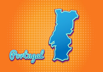 Retro map of Portugal with halftone background. Cartoon map icon in comic book and pop art style. Cartography business concept. Great for kids design,educational game,magnet or poster design.