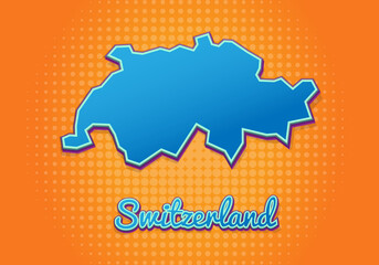 Obraz premium Retro map of Switzerland with halftone background. Cartoon map icon in comic book and pop art style. Cartography business concept. Great for kids design,educational game,magnet or poster design.