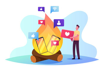 Man Throw Gadgets in Fire Refuse from Phone and Online Addiction, Spend Free Time Offline. Character Rejection of Device