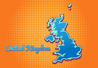 Retro map of United Kingdom with halftone background. Cartoon map icon in comic book and pop art style. Cartography business concept. Great for kids design,educational game,magnet or poster design.
