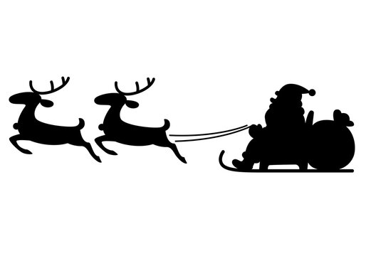 Silhouette santa flying on reindeer sleigh vector image