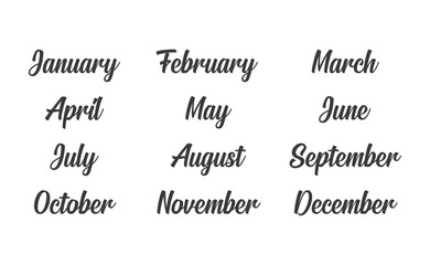 Handwritten names of months: December, January, February, March, April, May, June, July, August, September, October, November. Calligraphy words for calendars and organizers.