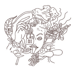 Abstract girl face print for clothes, hand drawn isolated vector graphic illustration. Design for stickers, logo, web and mobile app.