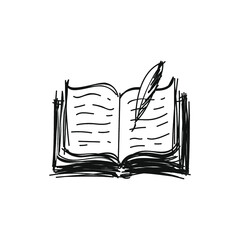 Opened book with feather pen, poetry scribble doodle style rough sketch, isolated on white, vector graphic illustration. Design for stickers, logo, web and mobile app.
