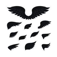 Wings silhouette set, elements for logo or badge. Isolated vector graphic shape art illustration. Design for stickers, logo, web and mobile app.