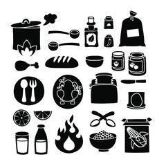 Food and dishes silhouette icons, different vector graphic art set, isolated on white background. Design for stickers, logo, web and mobile app. 