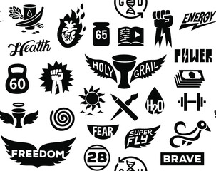 Simple vital emblems badges set icons seamless pattern, isolated vector graphic shape logotype illustrations. Design for web and mobile app.