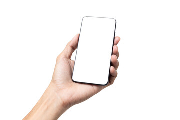 Hand man holding mobile smartphone with blank screen isolated on white background with clipping path