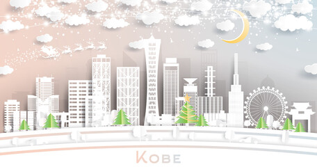 Kobe Japan City Skyline in Paper Cut Style with Snowflakes, Moon and Neon Garland.