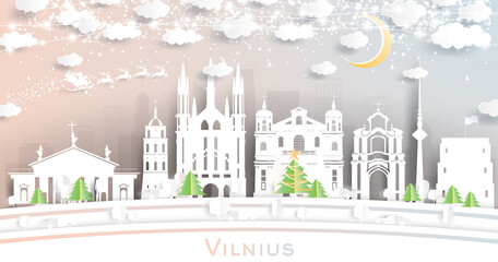 Vilnius Lithuania City Skyline in Paper Cut Style with Snowflakes, Moon and Neon Garland.