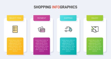 Concept of shopping process with 4 successive steps. Four colorful graphic elements. Timeline design for brochure, presentation, web site. Infographic design layout.