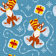 Happy Christmas seamless pattern. Corgi dog lies on the snow in a scarf and makes a snow angel. Patterns of snowflakes. Vector background for printing on any surface.