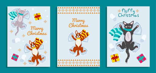 Fototapeta na wymiar Merry Christmas. Set of vector greeting card templates with funny animals. Cute Cat and dog lie on the snow and make a snow angel.