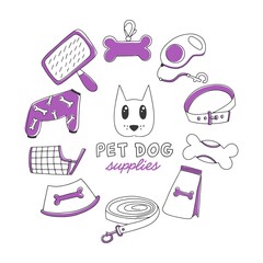 Vector dog supplies. Set of hand drawn icons - feed, tag, comb, overalls, collar, bowl, bone, tape, leash. Pet shop concept with text, isolated on white background