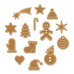 Set of Christmas gingerbread - sock, snowflake, snowman, gingerbread man, hat, heart, Christmas tree. Vector stock illustration. Isolate on a white background