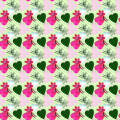 A pattern of randomly arranged hearts and flowers. The romantic design. Seamless background, texture for printing on paper or fabric.