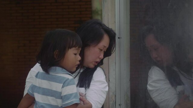 An Asian mother and child looking carefully at some animals behind a glass window at the zoo.