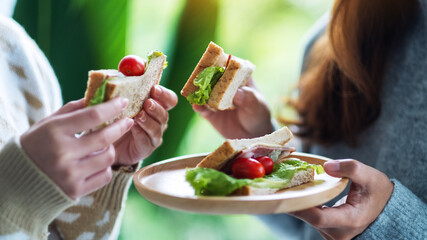 Two women holding and eating whole wheat sandwich in wooden plate together