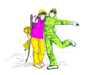 The Graphic Portrait of Two Girls. Sketch of Snowboarder and Skier. Freehand Vector Illustration. Free Hand Drawing. Extreme Winter Sports. Beautiful Sporty Ladies. Active Lifestyle.