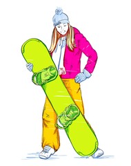 Sketch of Snowboarder Woman on a White Background Isolated. Vector Illustration. Freehand Drawing. Free Hand Draw. Extreme Winter Sports. Beautiful Sporty Girl. Sketched Snowboard Rider. Linear Design