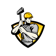 construction worker holding a hammer badge shield vector icon